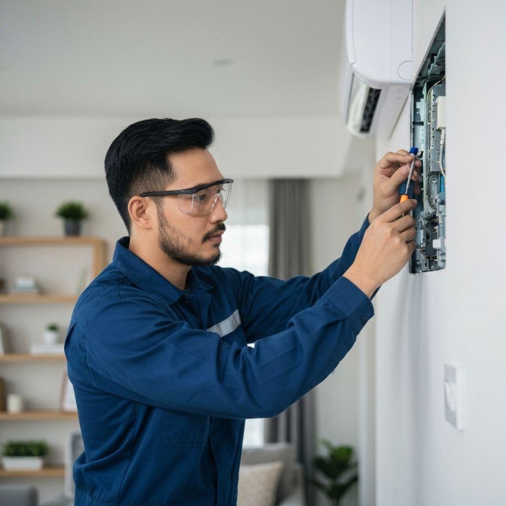 Technician repairing an AC unit at a customer's home